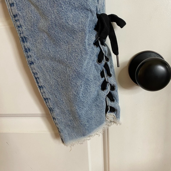 Blank NYC High Rise Tapered Lace Up Raw Hem Jeans - Picture 8 of 13